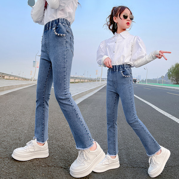 Blugi skinny pentru copii cu buzunar si perle pentru fete