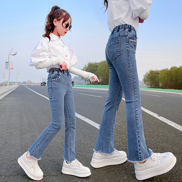 Blugi skinny pentru copii cu buzunar si perle pentru fete