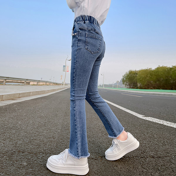 Blugi skinny pentru copii cu buzunar si perle pentru fete