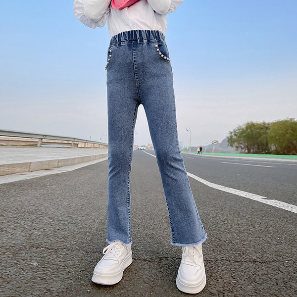 Blugi skinny pentru copii cu buzunar si perle pentru fete