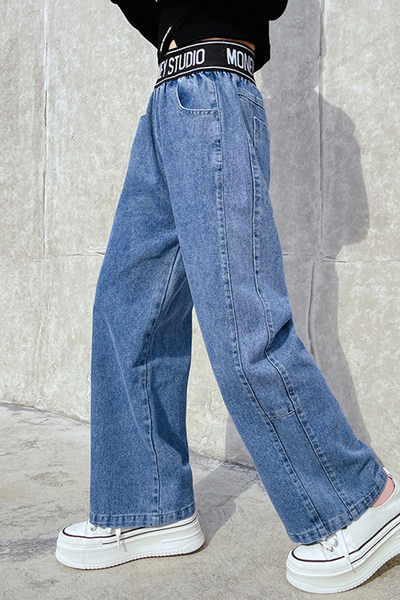 Blugi pentru copii cu centura elastica si broderie