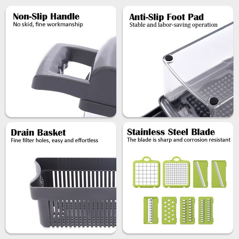 Mandoline 12 in1 Accesorii pentru bucatarie Cutter pentru legume Mașină de curățat Tocator Tăiător pentru fructe Cartofi Morcovi Răzătoare cu coș de scurgere Gadget