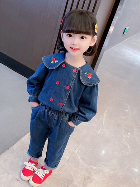 Set copii din denim cu broderie pentru fete