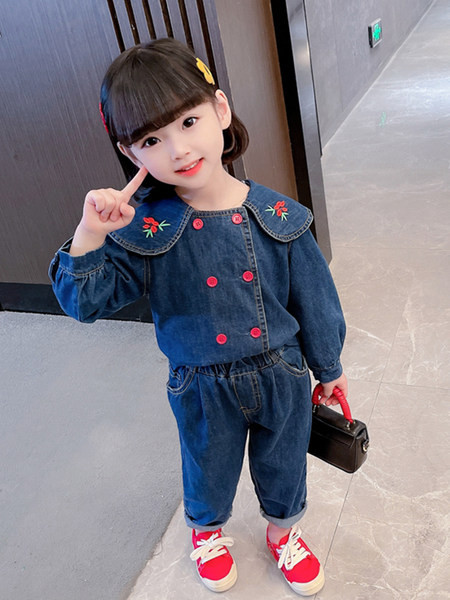 Set copii din denim cu broderie pentru fete