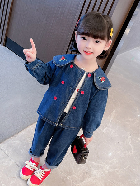 Set copii din denim cu broderie pentru fete