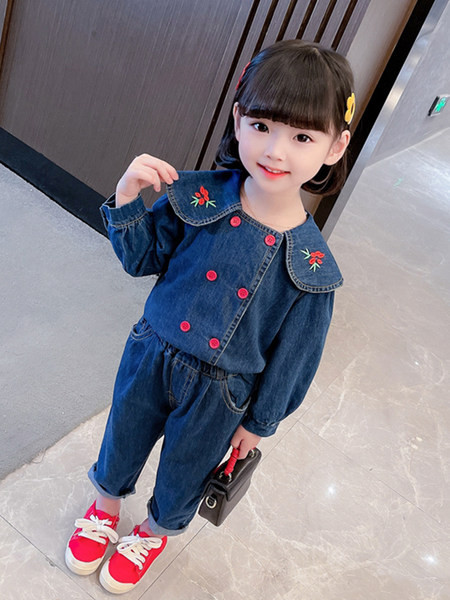 Set copii din denim cu broderie pentru fete