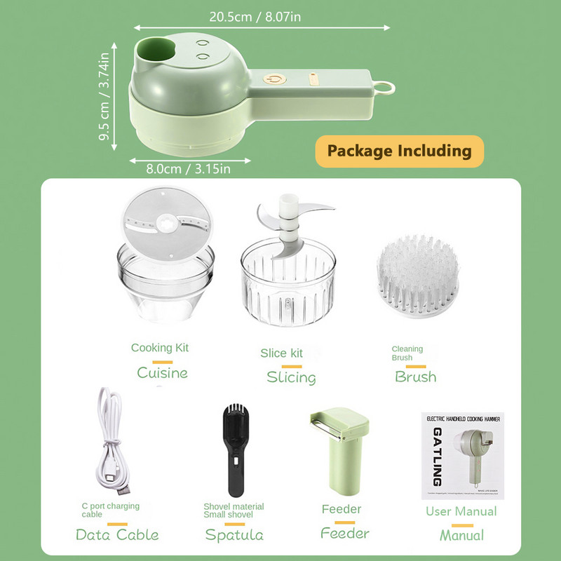 Set de tăiat legume electrice portabil 4 în 1, multifuncțional, durabil, zdrobitor de nămol pentru chili, tocător de usturoi, instrument de bucătărie pentru tăiat