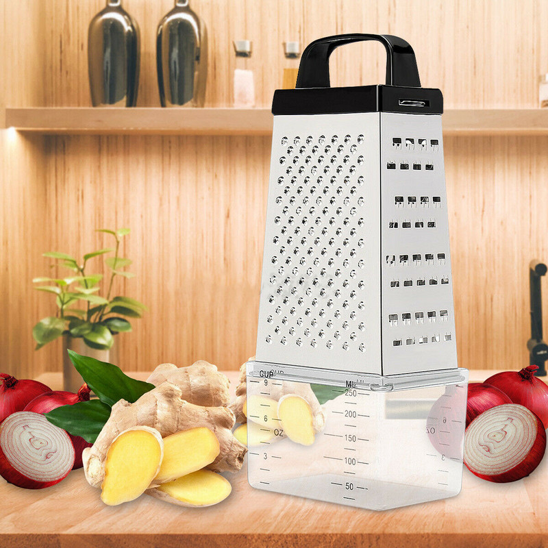 Răzătoare manuală pentru brânză de legume din oțel inoxidabil cu 4 fețe, cu tavă pentru recipiente, unelte de bucătărie multifuncționale