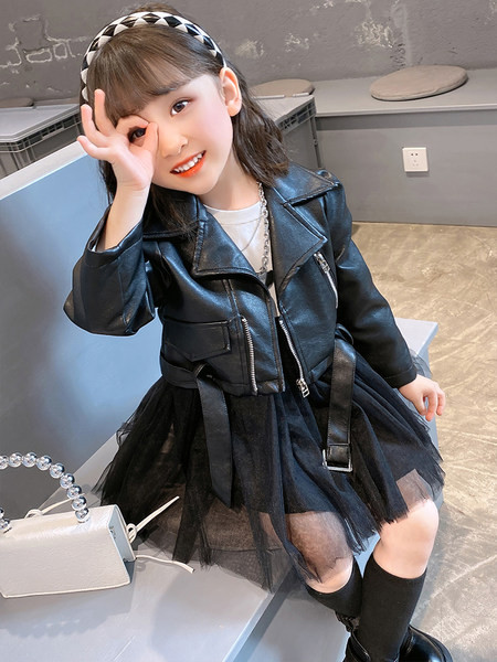 Set copii din doua piese - sacou cu curea si fermoar si fusta cu tul pentru fete