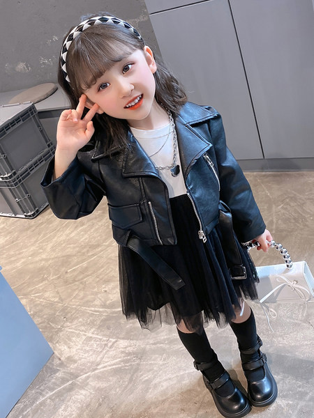 Set copii din doua piese - sacou cu curea si fermoar si fusta cu tul pentru fete