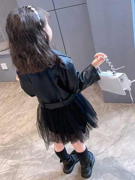 Set copii din doua piese - sacou cu curea si fermoar si fusta cu tul pentru fete