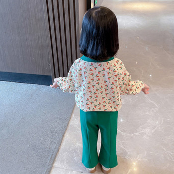 Детски комплект от блуза с яка и флорален мотив и панталон за момичета