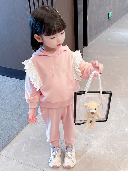 Set sport din două piese cu mâneci din dantelă cu glugă pentru fete