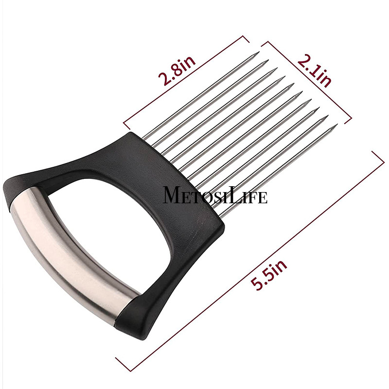 Svogūnų pjaustyklės laikiklis, mėsos daržovių pjaustyklė, skirta bulvėms ir pomidorams, aštrus nerūdijančio plieno maisto pjaustyklės pagalbinis įrankis