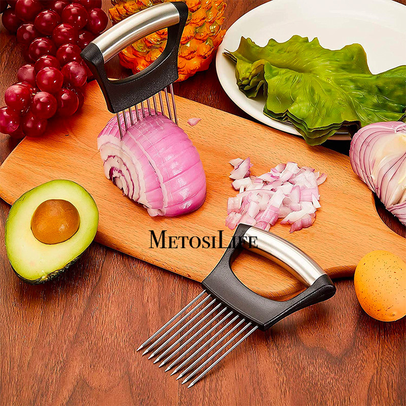 Svogūnų pjaustyklės laikiklis, mėsos daržovių pjaustyklė, skirta bulvėms ir pomidorams, aštrus nerūdijančio plieno maisto pjaustyklės pagalbinis įrankis