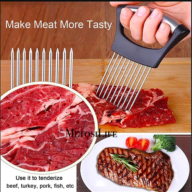 Svogūnų pjaustyklės laikiklis, mėsos daržovių pjaustyklė, skirta bulvėms ir pomidorams, aštrus nerūdijančio plieno maisto pjaustyklės pagalbinis įrankis