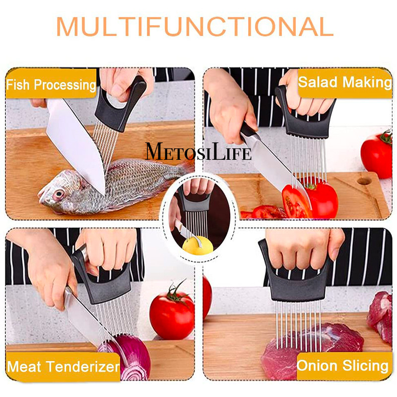 Svogūnų pjaustyklės laikiklis, mėsos daržovių pjaustyklė, skirta bulvėms ir pomidorams, aštrus nerūdijančio plieno maisto pjaustyklės pagalbinis įrankis