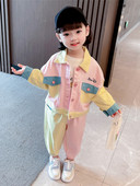 Set De Două Piese Denim Color Block Cu Buzunar Și Nasturi Pentru Fete