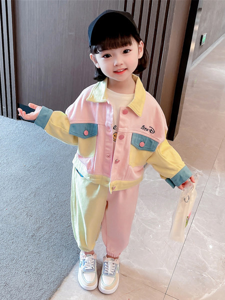 Set De Două Piese Denim Color Block Cu Buzunar Și Nasturi Pentru Fete