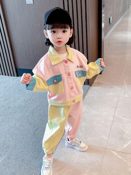 Set De Două Piese Denim Color Block Cu Buzunar Și Nasturi Pentru Fete