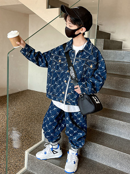 Set copii din denim cu guler si nasture clasice