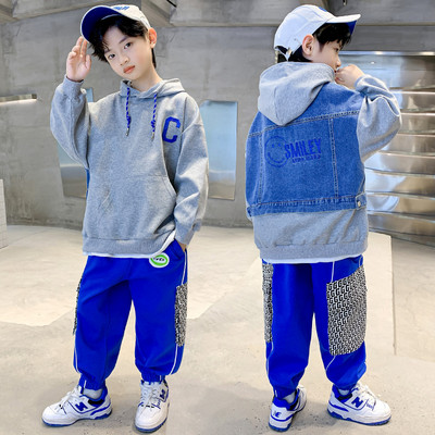 Set nou de toamna pentru copii din doua piese cu gluga si o parte din denim