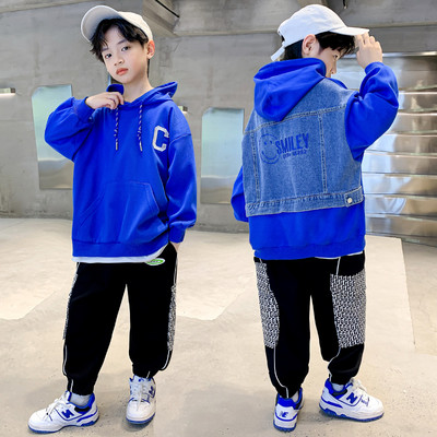 Set nou de toamna pentru copii din doua piese cu gluga si o parte din denim