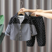 Set pantaloni eleganti cu imprimeu si camasa cu dungi pentru baieti