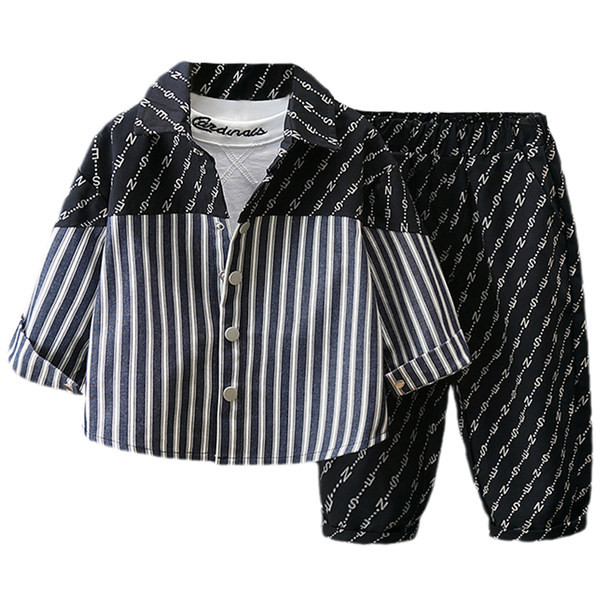 Set pantaloni eleganti cu imprimeu si camasa cu dungi pentru baieti