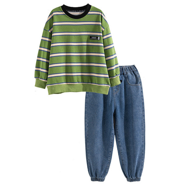 Dryžuotų džinsų ir palaidinių komplektas berniukams