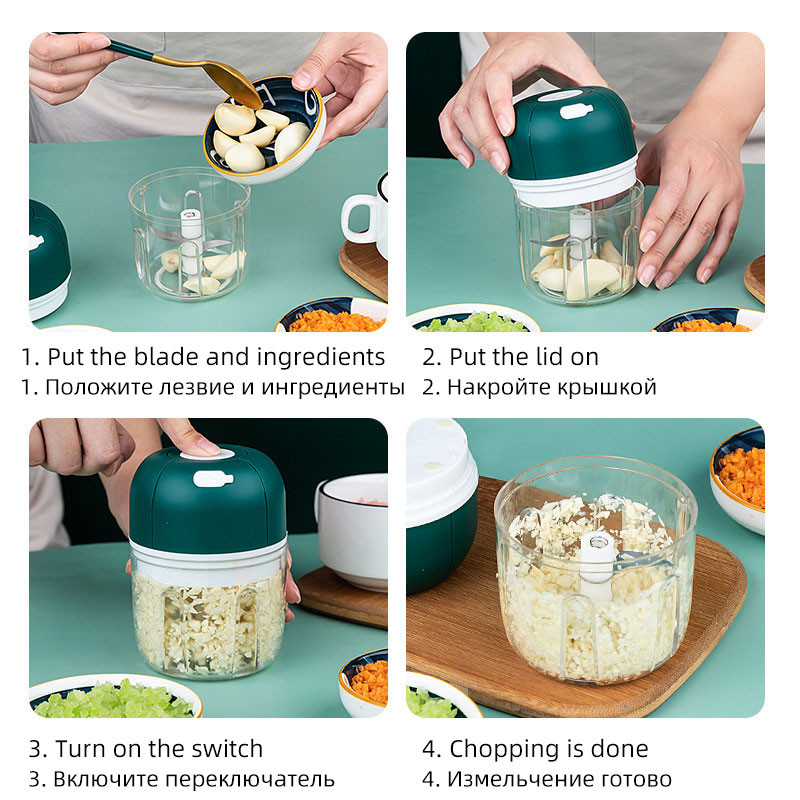 Tocător electric de usturoi de 250 ml, cu încărcare USB portabilă de uz casnic, tocător de ardei iute, mini tocător de carne, amestecător de alimente complementare pentru bebeluși