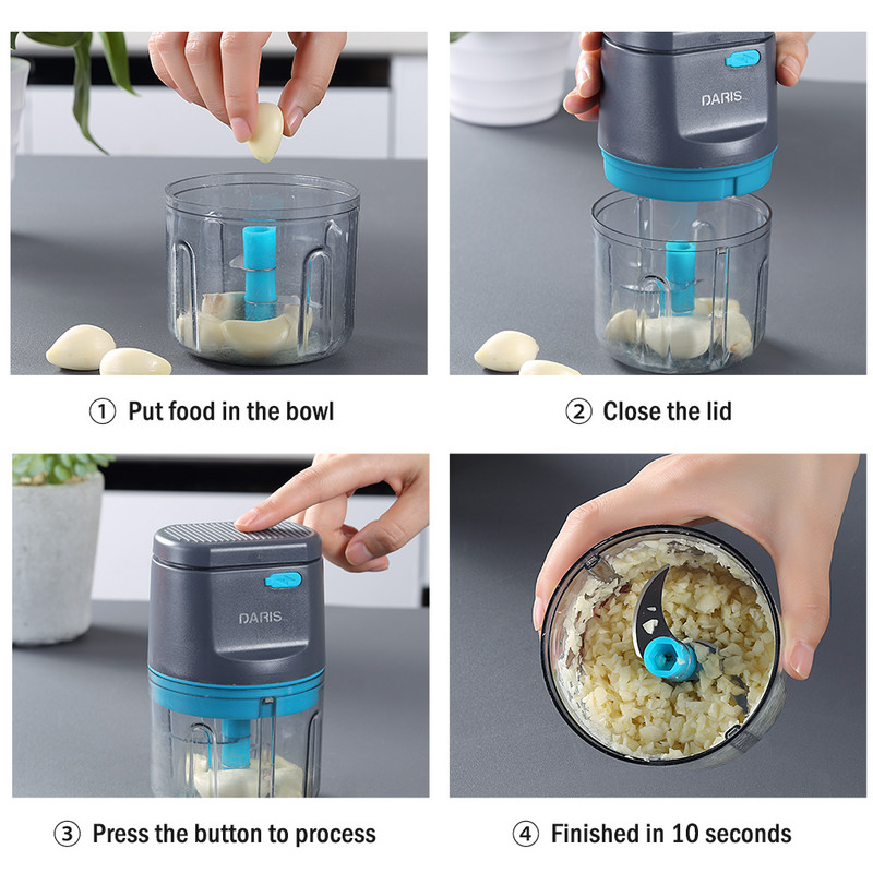 250 ml elektromos konyhai aprító fokhagymanyomó húsdaráló élelmiszer fokhagyma zöldség aprító aprító újratölthető konyhai robotgép