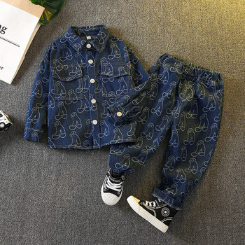Дънков комплект панталон и риза с принт и копчета за момчета