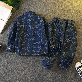 Дънков комплект панталон и риза с принт и копчета за момчета
