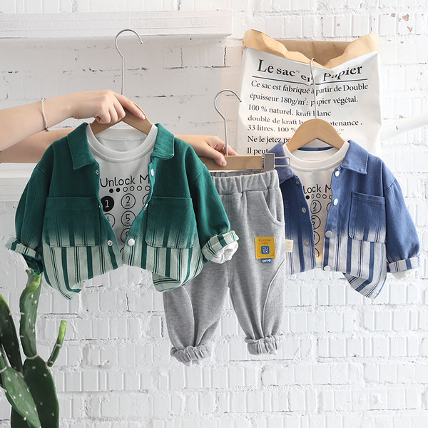 Három részes gyerek nadrág szett, nyomott blúz és gombos kabát fiúknak