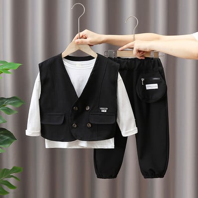 Set de pantaloni, bluza si vesta din trei piese cu nasturi si buzunare pentru baieti