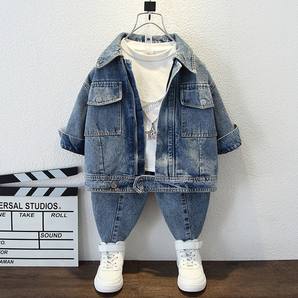 Dvodijelni dječji traper set s patentnim zatvaračem i džepom za dječake