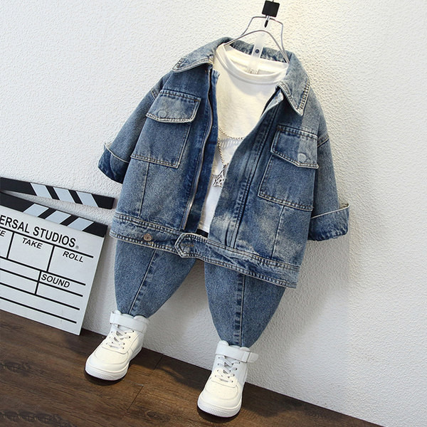 Dvodijelni dječji traper set s patentnim zatvaračem i džepom za dječake