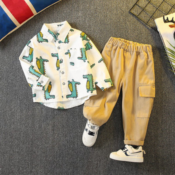 Детски официален комплект панталон с джоб и риза с принт и копчета за момчета