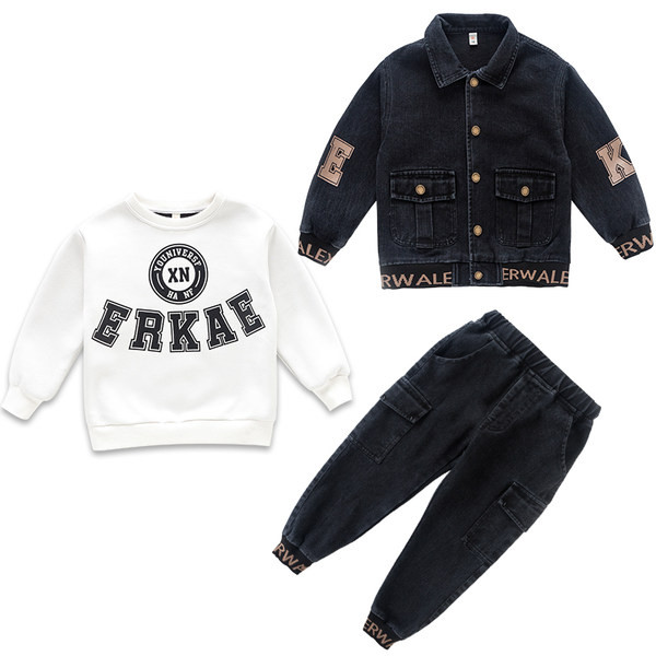 Trodijelni traper set - hlače, bluza i jakna s printom, gumbima i džepom za dječake