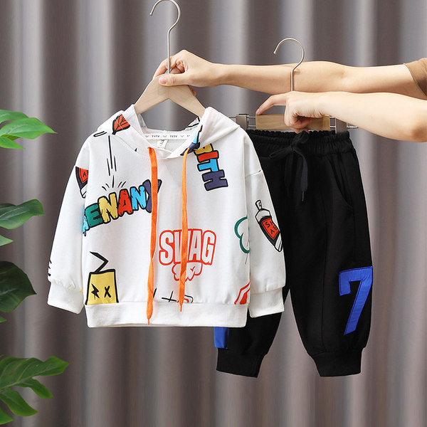 Set de hanoraci casual cu imprimeu și pantaloni cu cravată pentru băieți