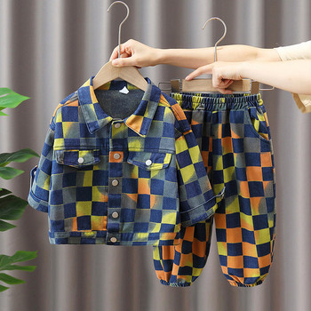 Детски комплект панталон и яке с копчета и принт за момчета