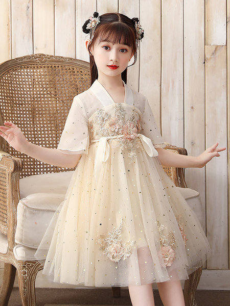 Kerinti vaikiška vasarinė suknelė trumpomis rankovėmis, kiniško stiliaus