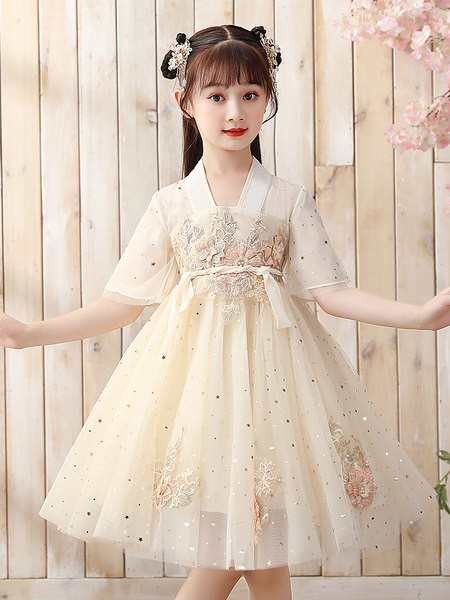 Kerinti vaikiška vasarinė suknelė trumpomis rankovėmis, kiniško stiliaus