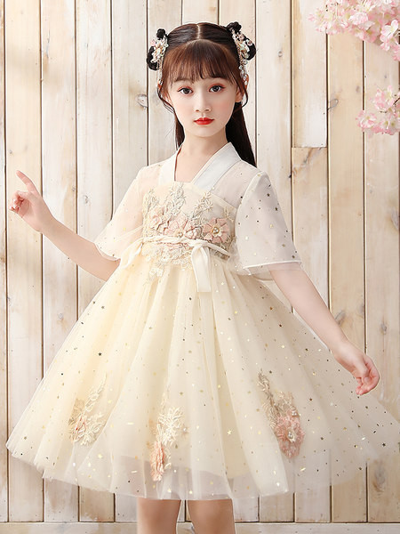 Kerinti vaikiška vasarinė suknelė trumpomis rankovėmis, kiniško stiliaus