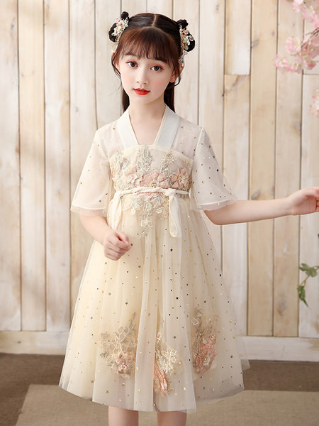 Kerinti vaikiška vasarinė suknelė trumpomis rankovėmis, kiniško stiliaus