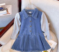 Džinsinė suknelė mergaitėms su klasikine apykakle ir sagomis