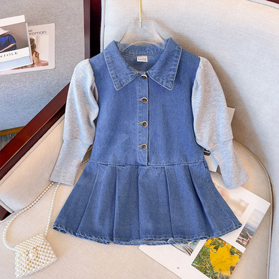 Džinsinė suknelė mergaitėms su klasikine apykakle ir sagomis