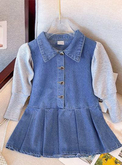 Džinsinė suknelė mergaitėms su klasikine apykakle ir sagomis