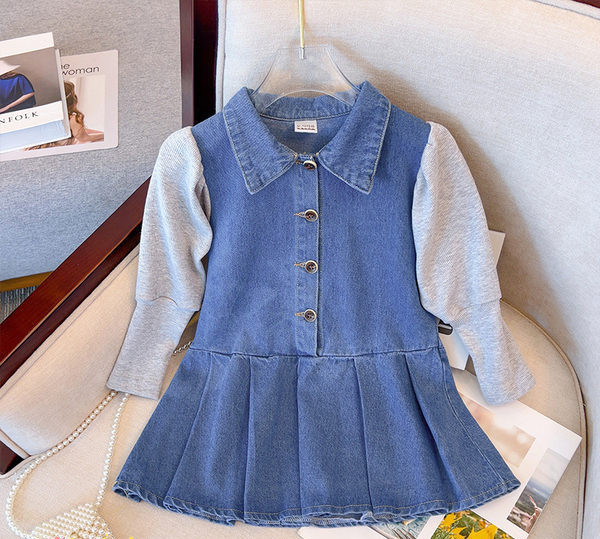 Džinsinė suknelė mergaitėms su klasikine apykakle ir sagomis